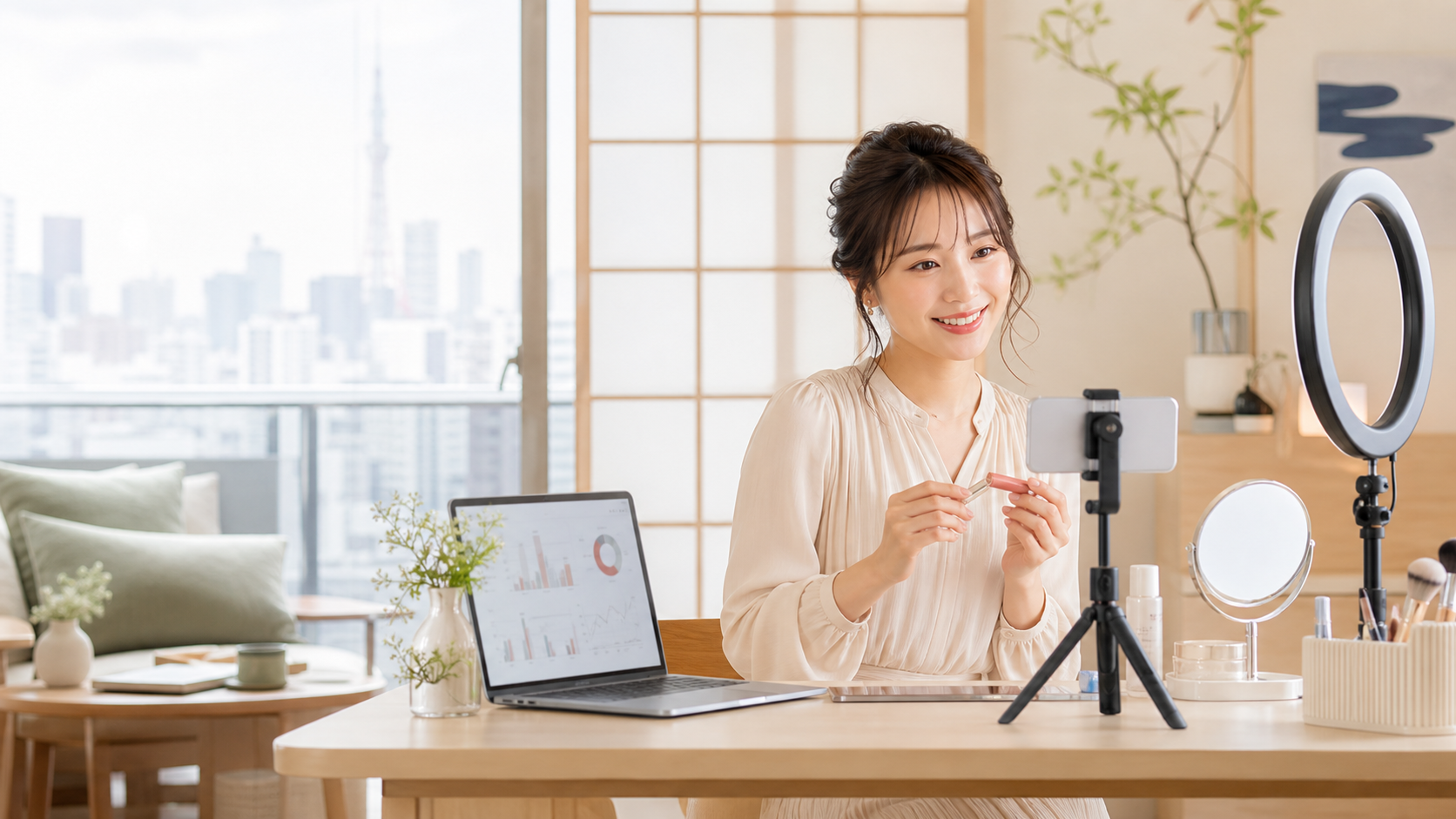 A creator filming content in a bright Tokyo studio